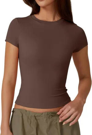 QINSEN Women's Crew Neck Short Sleeve Double-Layer Tops Basic Slim Fit Going Out T Shirt
