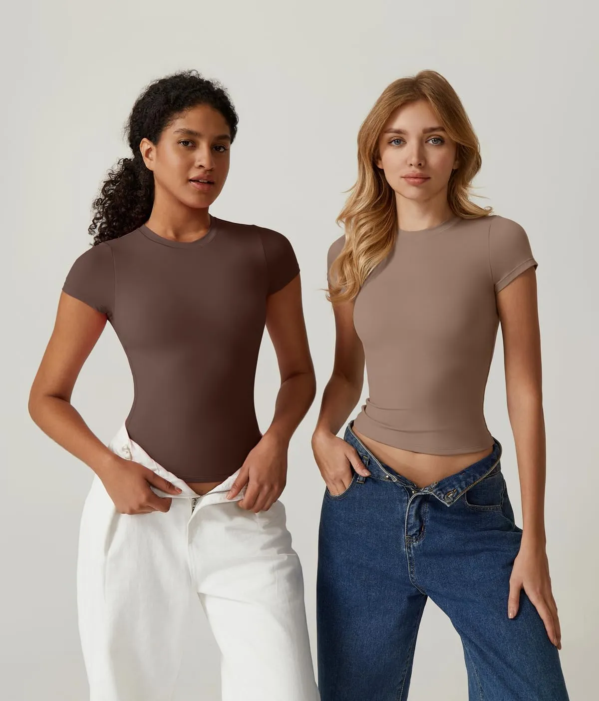 QINSEN Women's Crew Neck Short Sleeve Double-Layer Tops Basic Slim Fit Going Out T Shirt