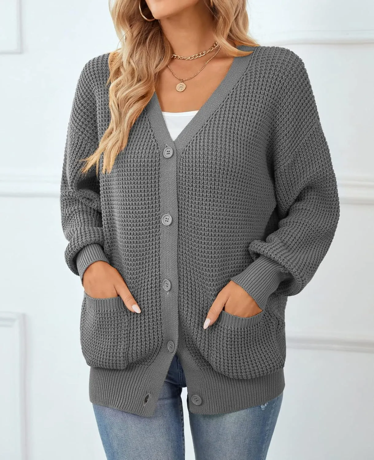 QUALFORT Women's Cardigan Sweater 100% Cotton Button-Down Long Sleeve Oversized Knit Cardigans with Pockets