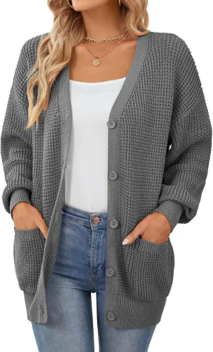 QUALFORT Women's Cardigan Sweater 100% Cotton Button-Down Long Sleeve Oversized Knit Cardigans with Pockets