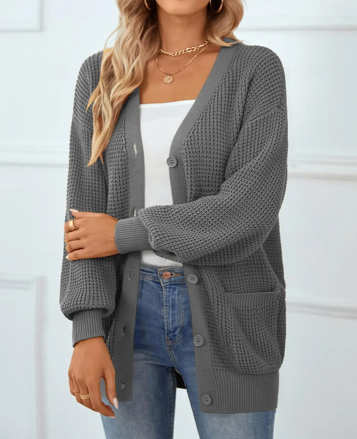 QUALFORT Women's Cardigan Sweater 100% Cotton Button-Down Long Sleeve Oversized Knit Cardigans with Pockets