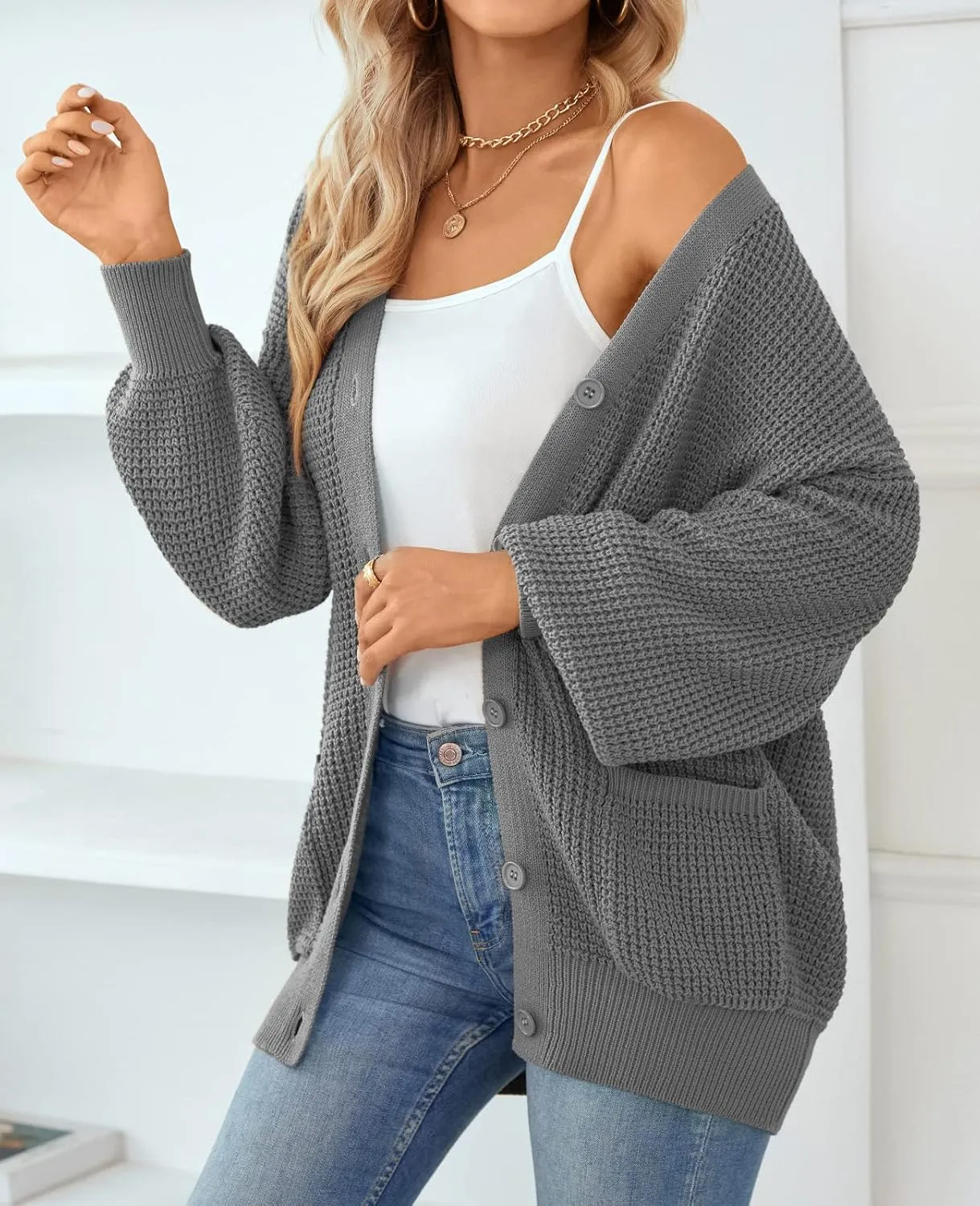 QUALFORT Women's Cardigan Sweater 100% Cotton Button-Down Long Sleeve Oversized Knit Cardigans with Pockets