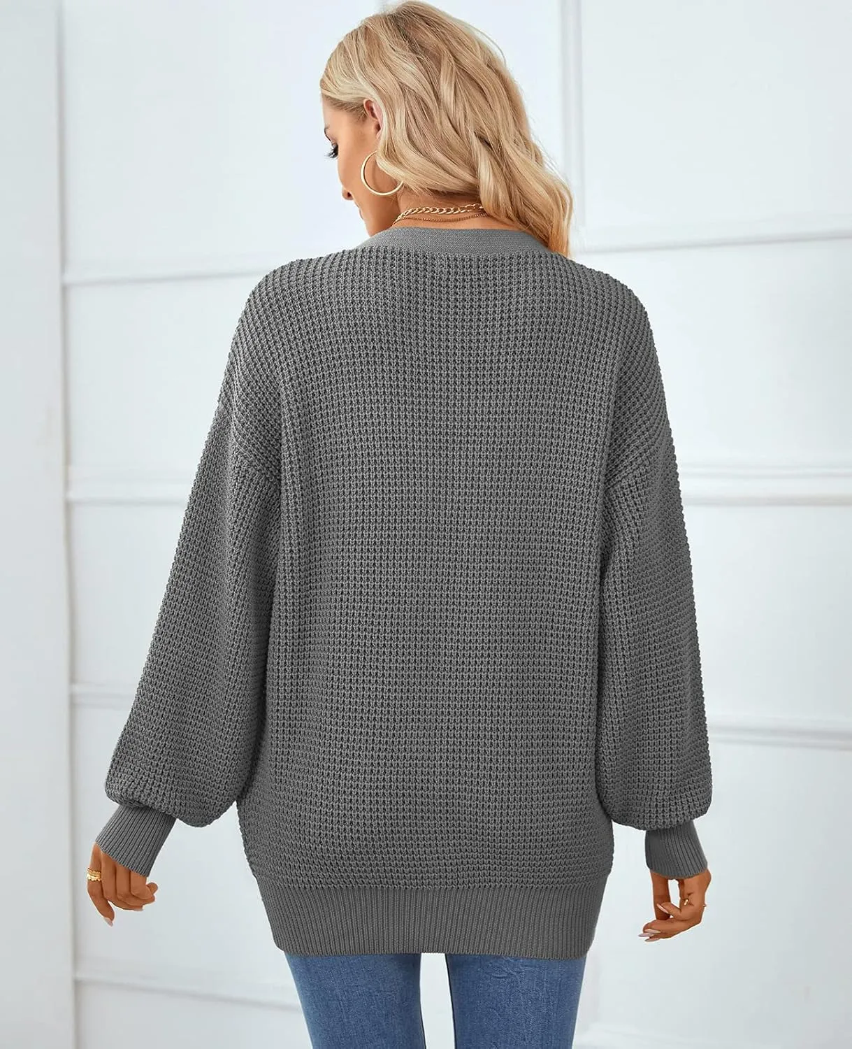 QUALFORT Women's Cardigan Sweater 100% Cotton Button-Down Long Sleeve Oversized Knit Cardigans with Pockets