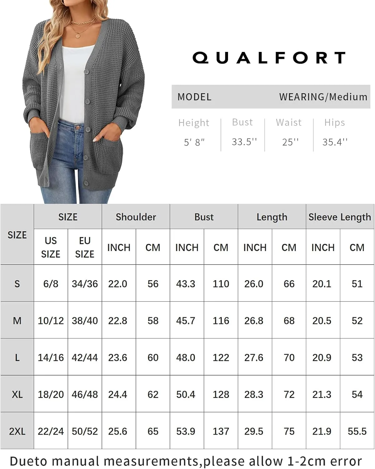 QUALFORT Women's Cardigan Sweater 100% Cotton Button-Down Long Sleeve Oversized Knit Cardigans with Pockets