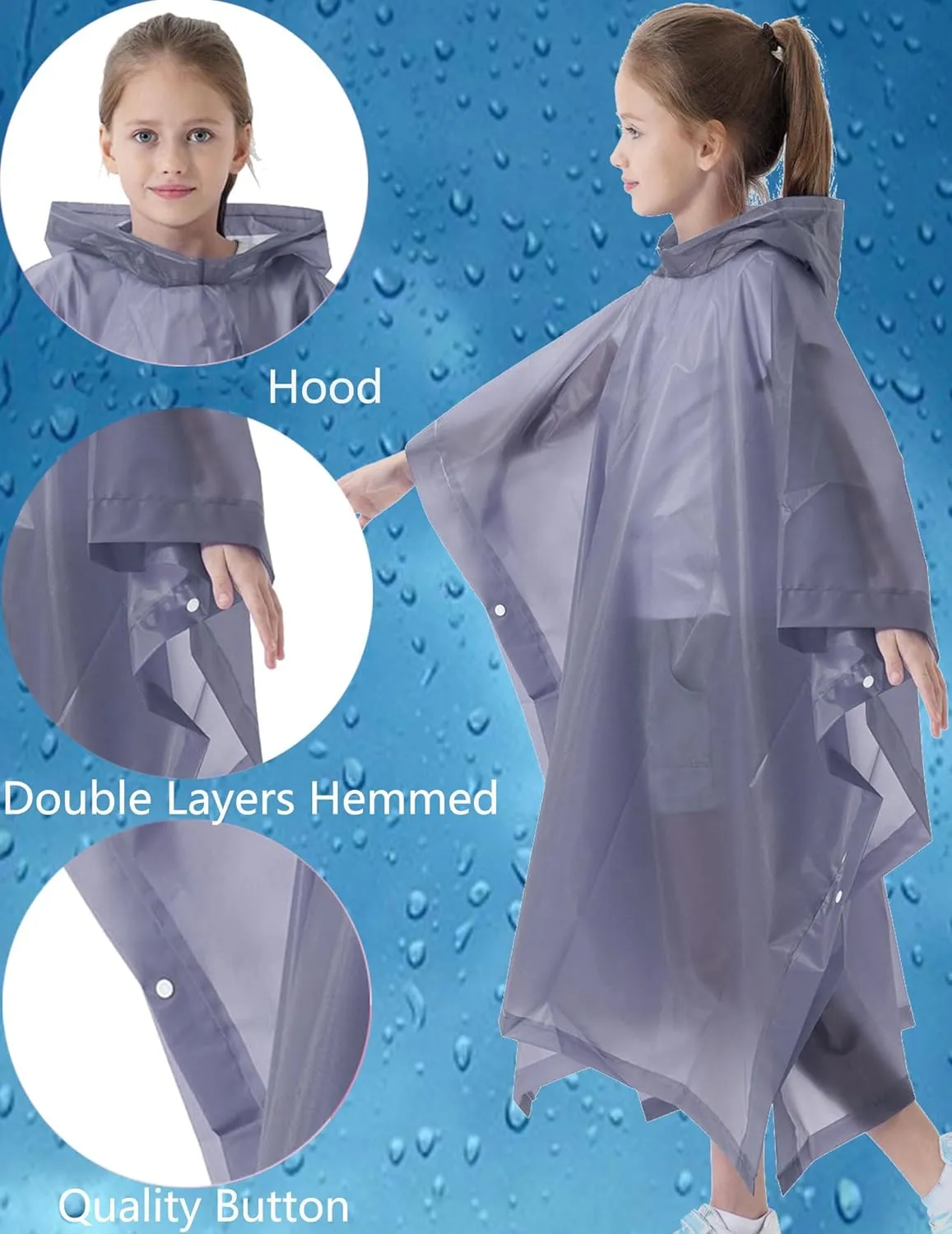 Rain Poncho for Kids(2 Pack) Waterproof Reusable EVA Raincoat One Size Rain Jackets for Children,Boys and Girls