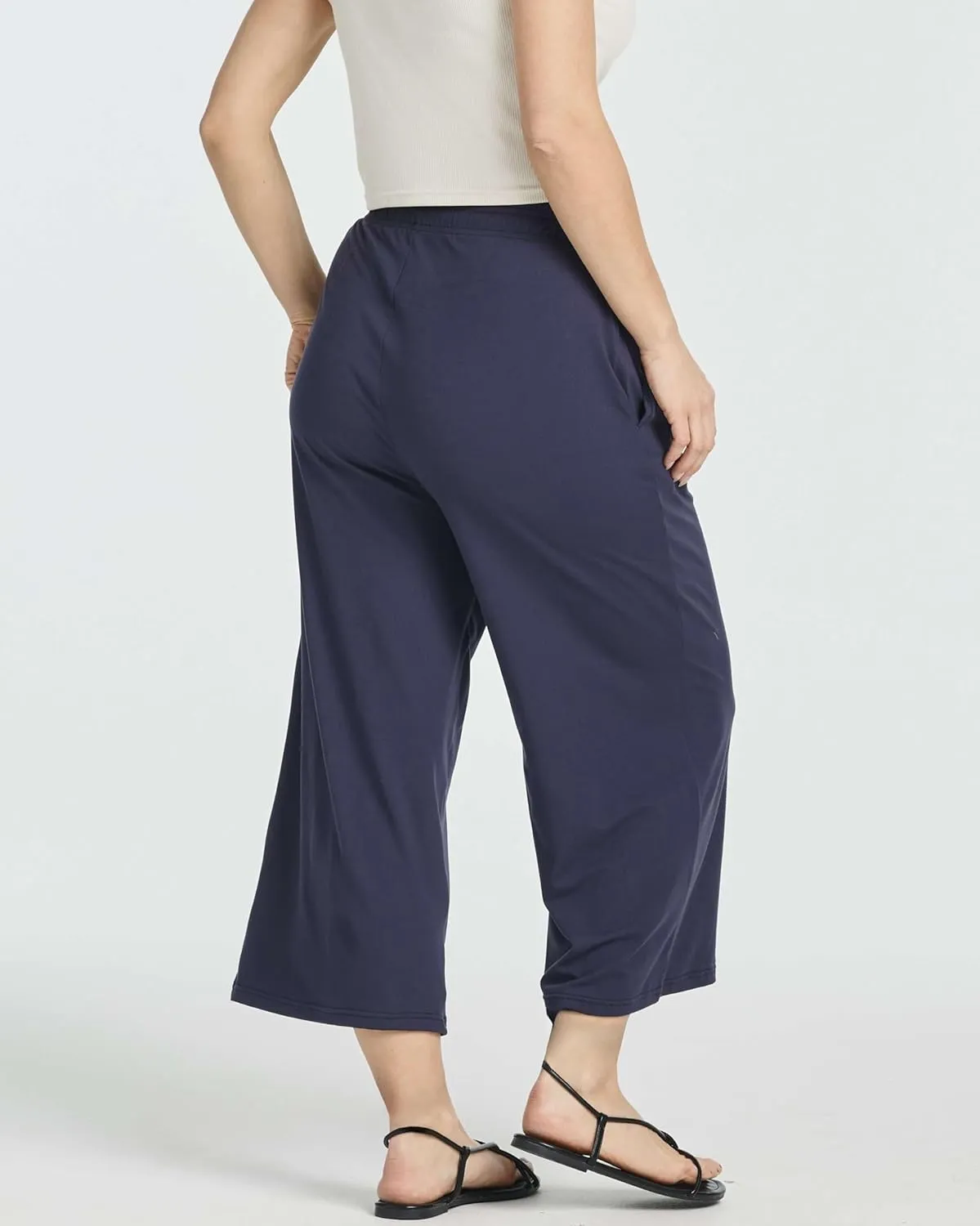 Real Essentials 3 Pack: Women's Ultra-Soft Wide Leg Loose Capri Open Bottom Pants - Yoga Lounge Pockets(Available in Plus)