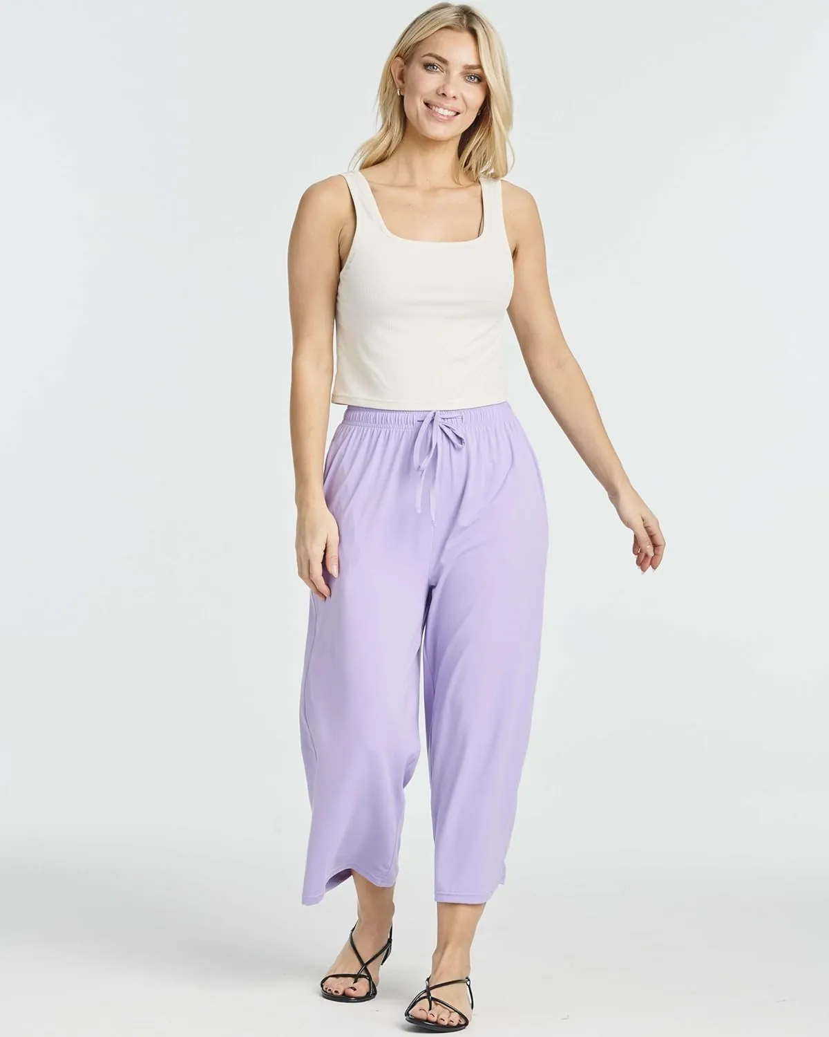 Real Essentials 3 Pack: Women's Ultra-Soft Wide Leg Loose Capri Open Bottom Pants - Yoga Lounge Pockets(Available in Plus)