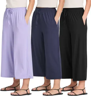 Real Essentials 3 Pack: Women's Ultra-Soft Wide Leg Loose Capri Open Bottom Pants - Yoga Lounge Pockets(Available in Plus)
