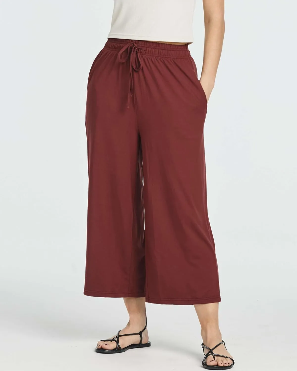 Real Essentials 3 Pack: Women's Ultra-Soft Wide Leg Loose Capri Open Bottom Pants - Yoga Lounge Pockets(Available in Plus)