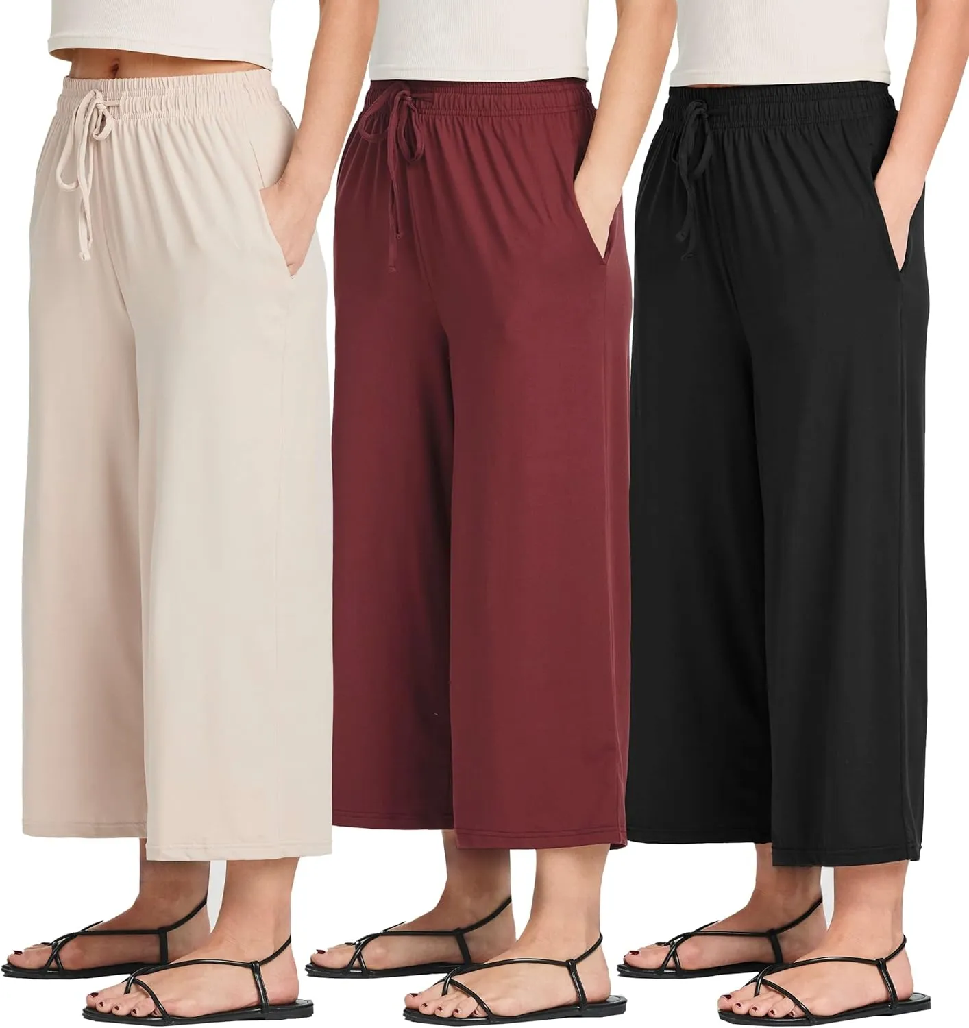 Real Essentials 3 Pack: Women's Ultra-Soft Wide Leg Loose Capri Open Bottom Pants - Yoga Lounge Pockets(Available in Plus)