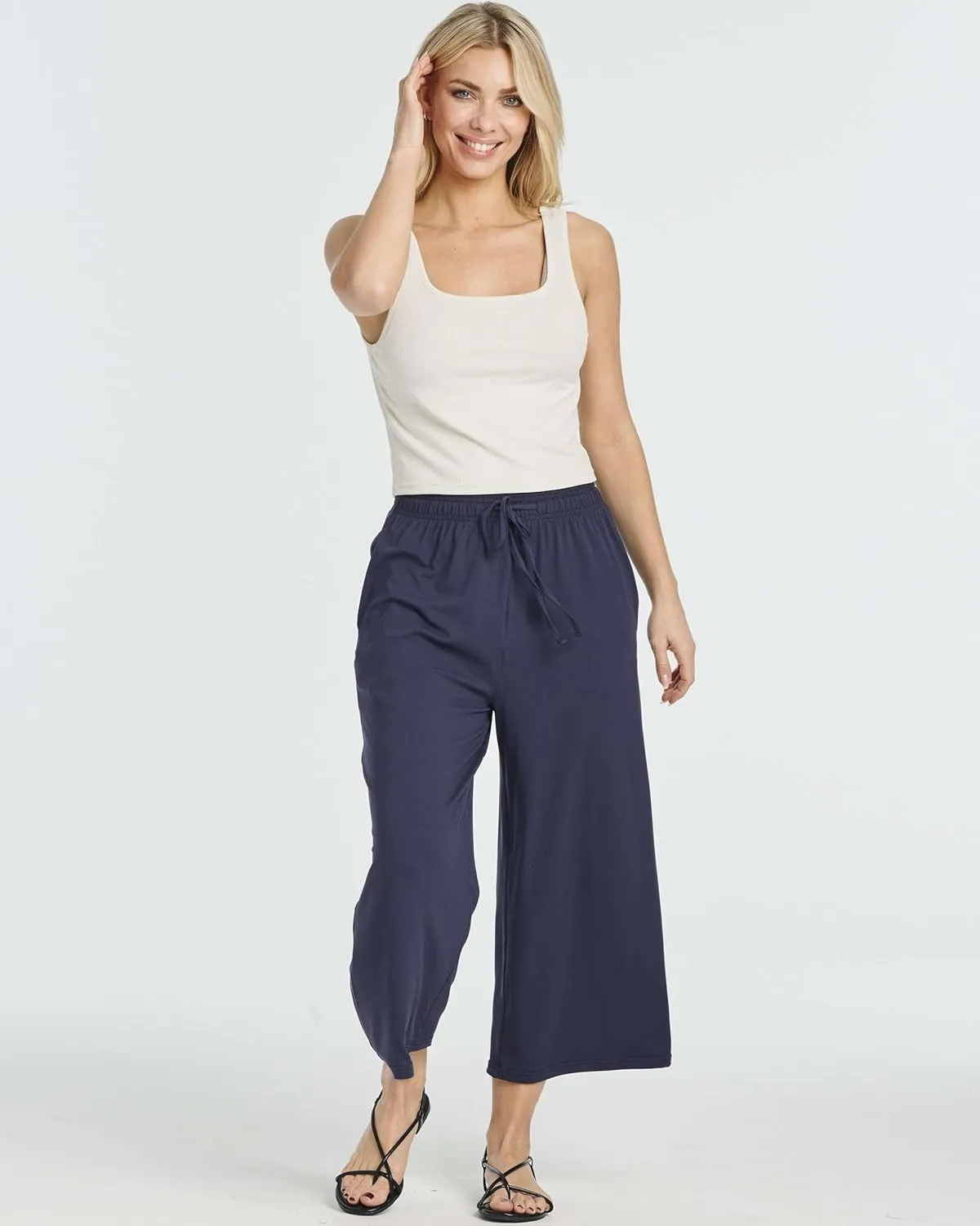 Real Essentials 3 Pack: Women's Ultra-Soft Wide Leg Loose Capri Open Bottom Pants - Yoga Lounge Pockets(Available in Plus)