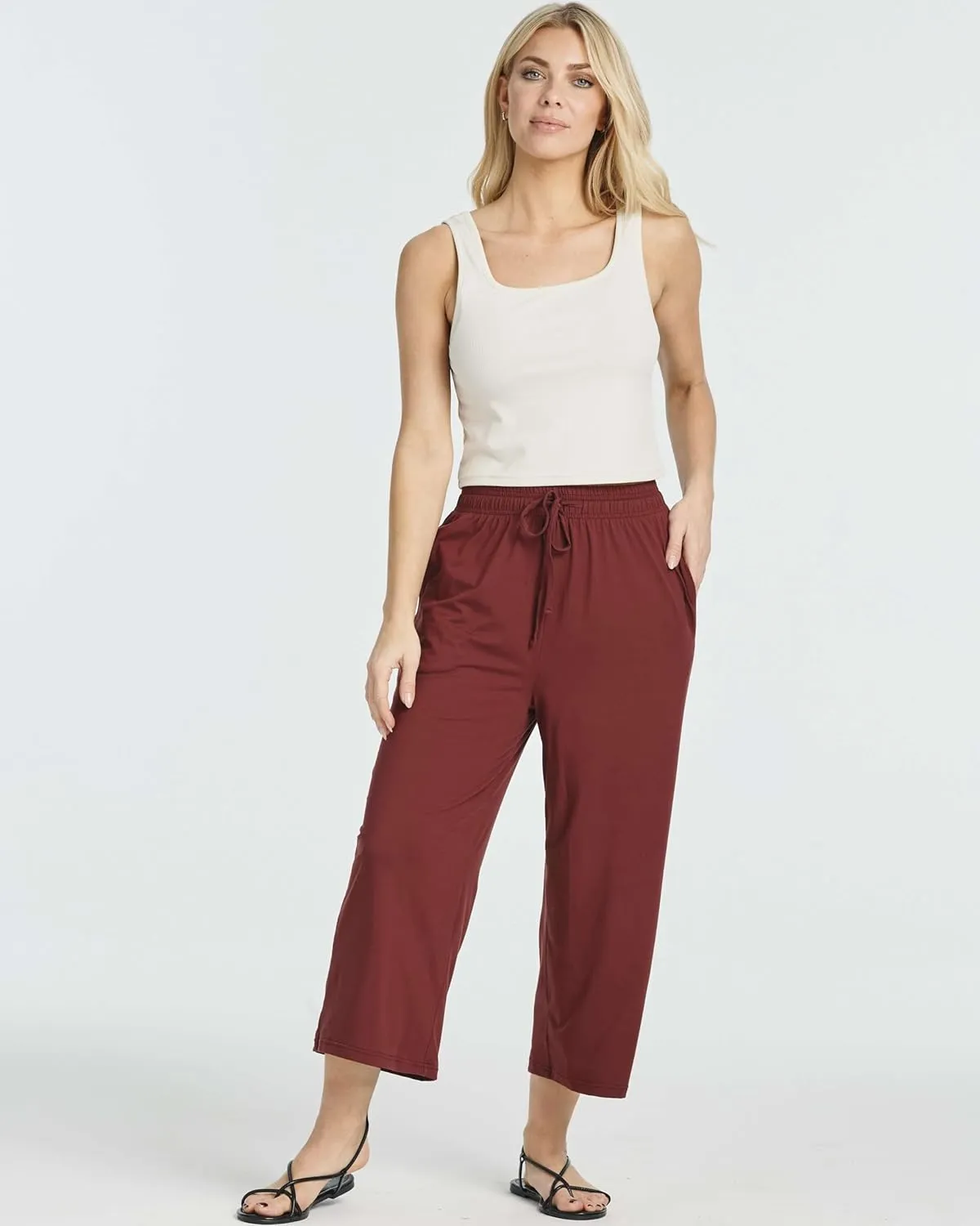 Real Essentials 3 Pack: Women's Ultra-Soft Wide Leg Loose Capri Open Bottom Pants - Yoga Lounge Pockets(Available in Plus)