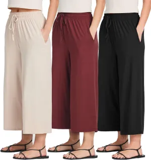 Real Essentials 3 Pack: Women's Ultra-Soft Wide Leg Loose Capri Open Bottom Pants - Yoga Lounge Pockets(Available in Plus)