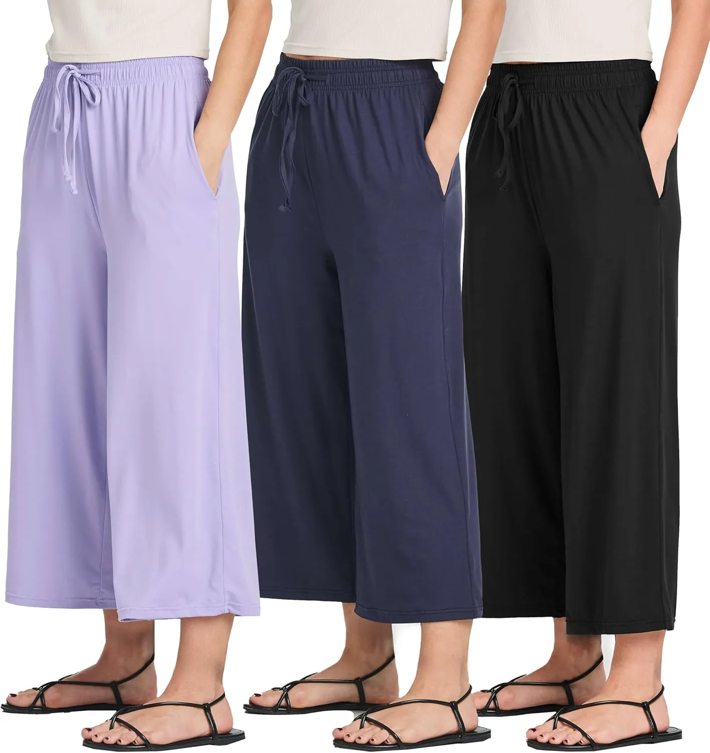 Real Essentials 3 Pack: Women's Ultra-Soft Wide Leg Loose Capri Open Bottom Pants - Yoga Lounge Pockets(Available in Plus)