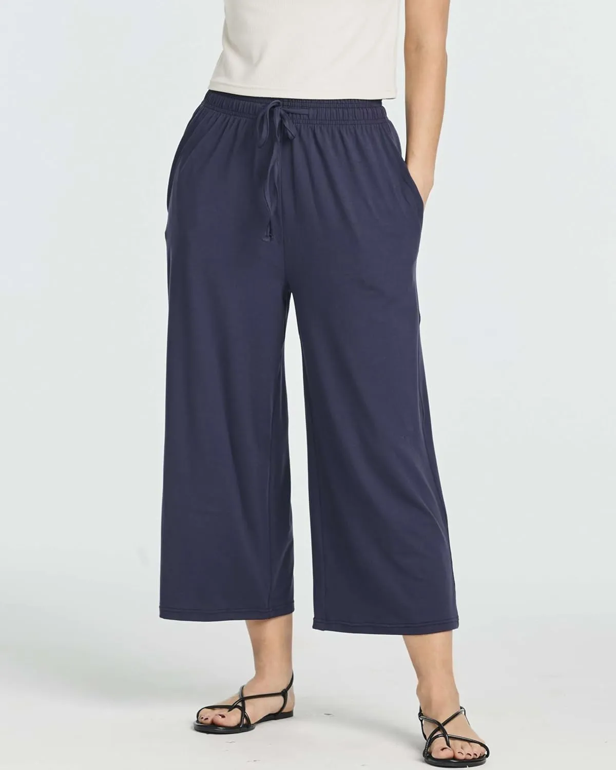 Real Essentials 3 Pack: Women's Ultra-Soft Wide Leg Loose Capri Open Bottom Pants - Yoga Lounge Pockets(Available in Plus)