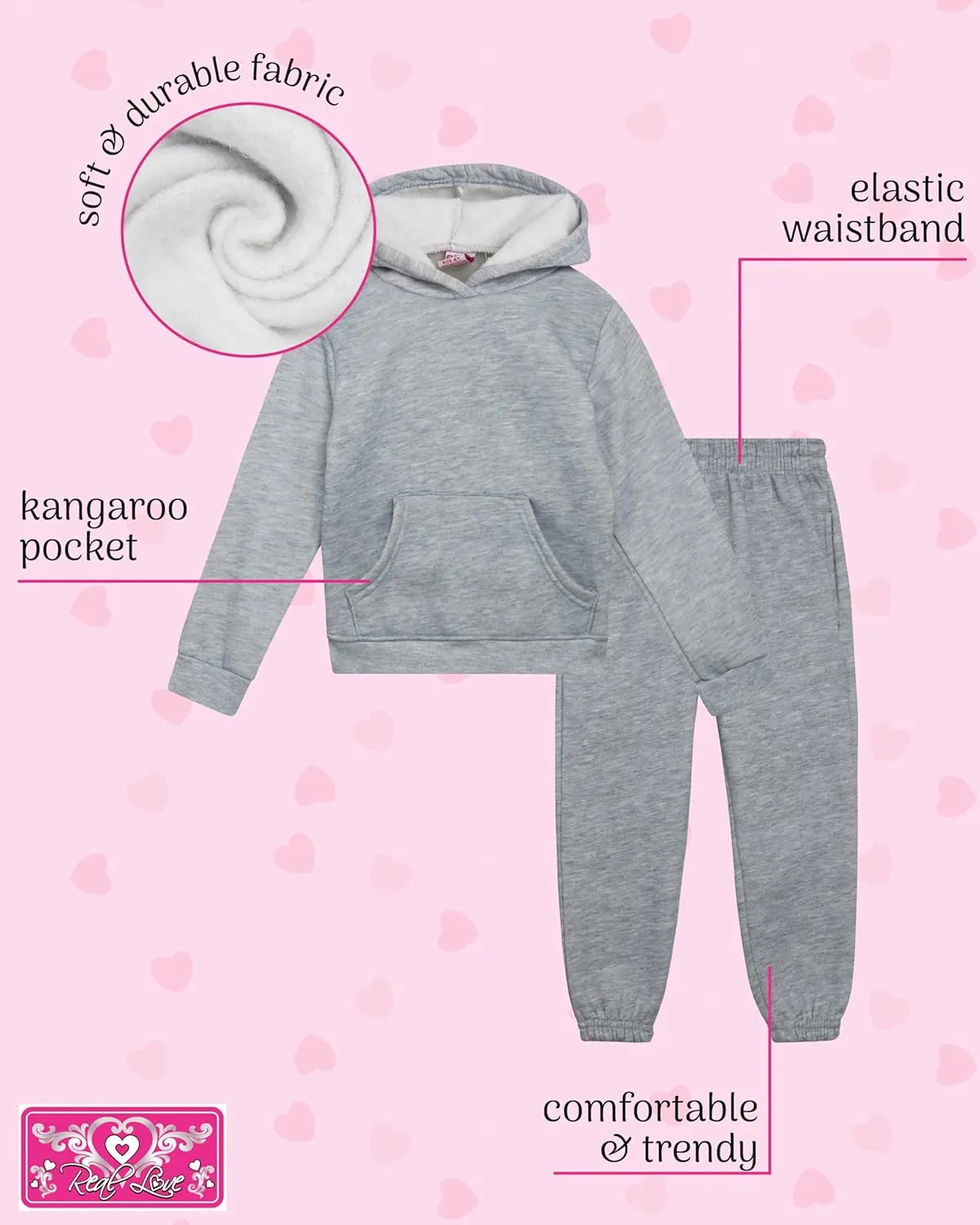 Real Love Toddler Girls' Jogger Set - 2 Piece Soft Fleece Pullover Hoodie and Jogger Pants for Little Girls (2T-6)