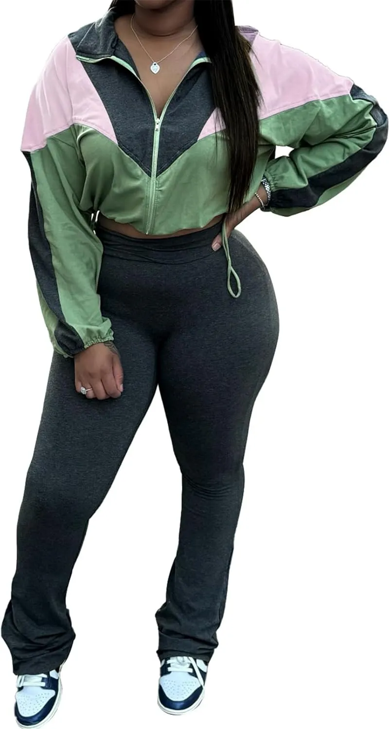 Recious Womens Sexy 2 Pieces Colorblock Zipper Jackets Crop Tops Shirts Bodycon Pants Party Clubwear Tracksuit Outfits Set