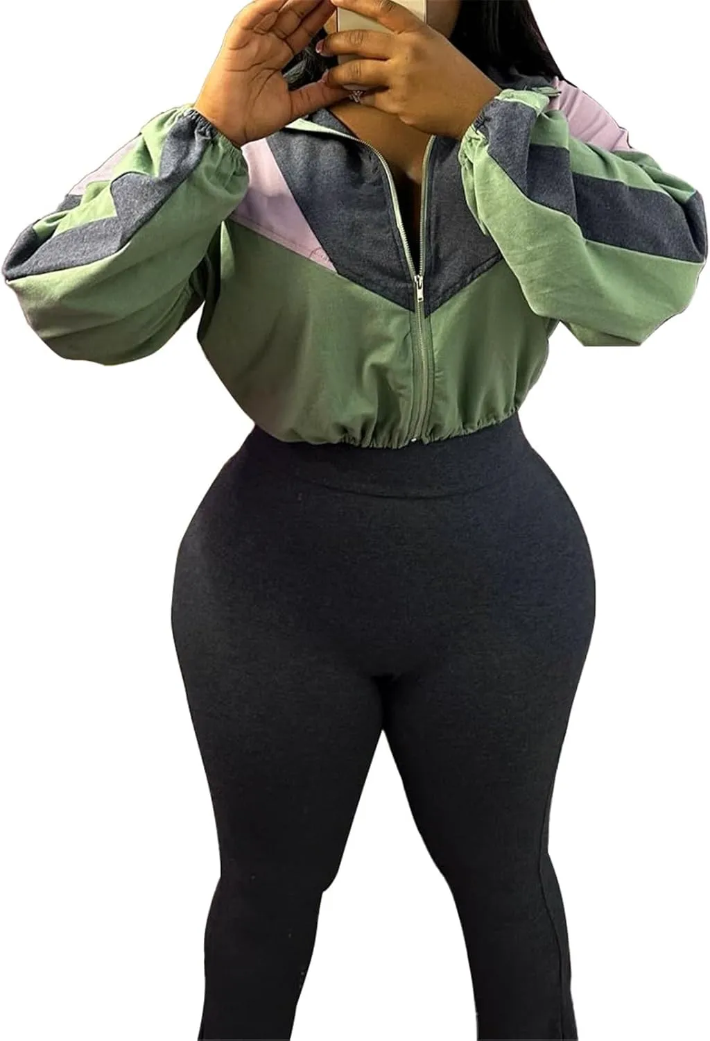 Recious Womens Sexy 2 Pieces Colorblock Zipper Jackets Crop Tops Shirts Bodycon Pants Party Clubwear Tracksuit Outfits Set