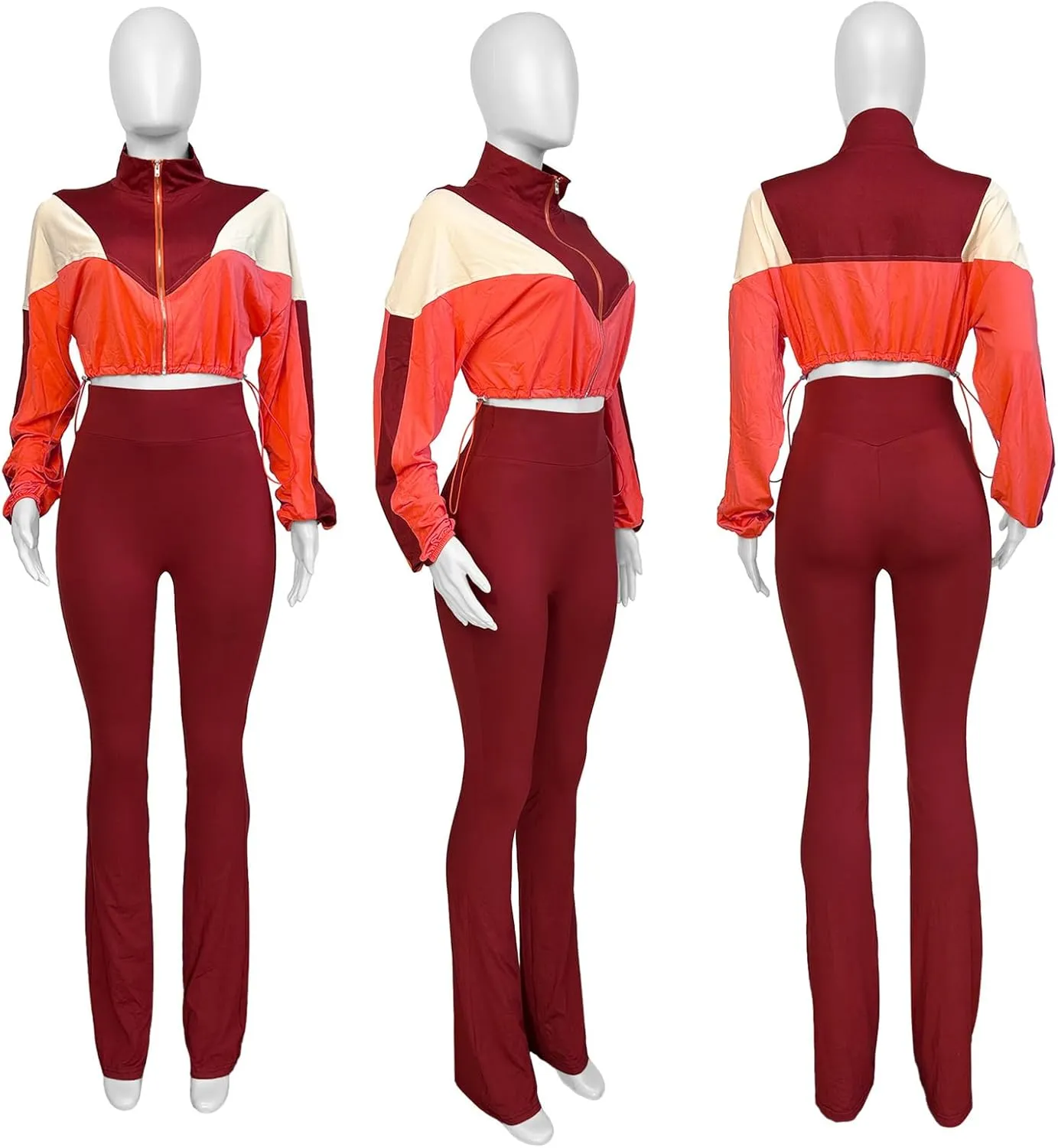 Recious Womens Sexy 2 Pieces Colorblock Zipper Jackets Crop Tops Shirts Bodycon Pants Party Clubwear Tracksuit Outfits Set