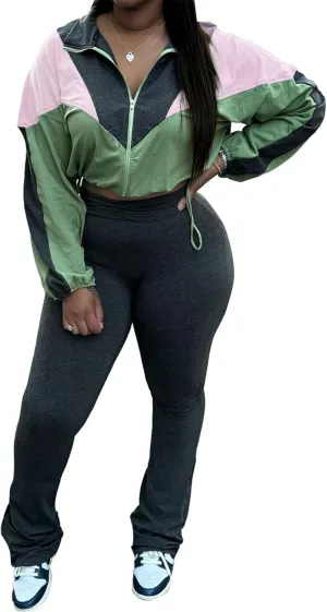 Recious Womens Sexy 2 Pieces Colorblock Zipper Jackets Crop Tops Shirts Bodycon Pants Party Clubwear Tracksuit Outfits Set