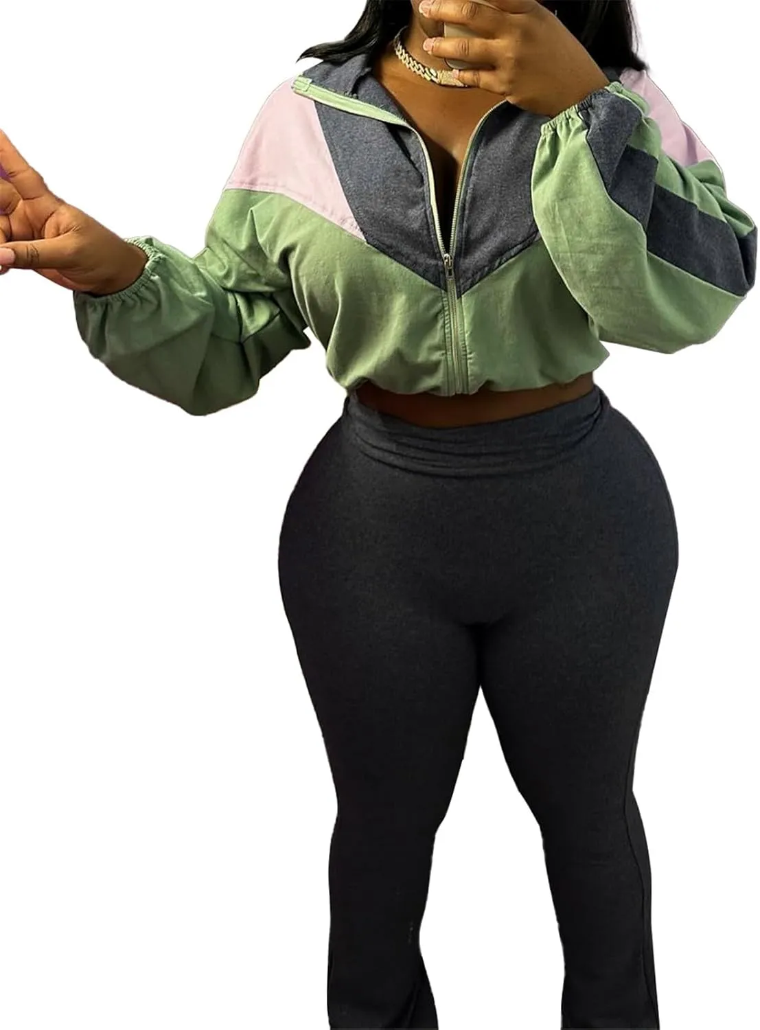 Recious Womens Sexy 2 Pieces Colorblock Zipper Jackets Crop Tops Shirts Bodycon Pants Party Clubwear Tracksuit Outfits Set