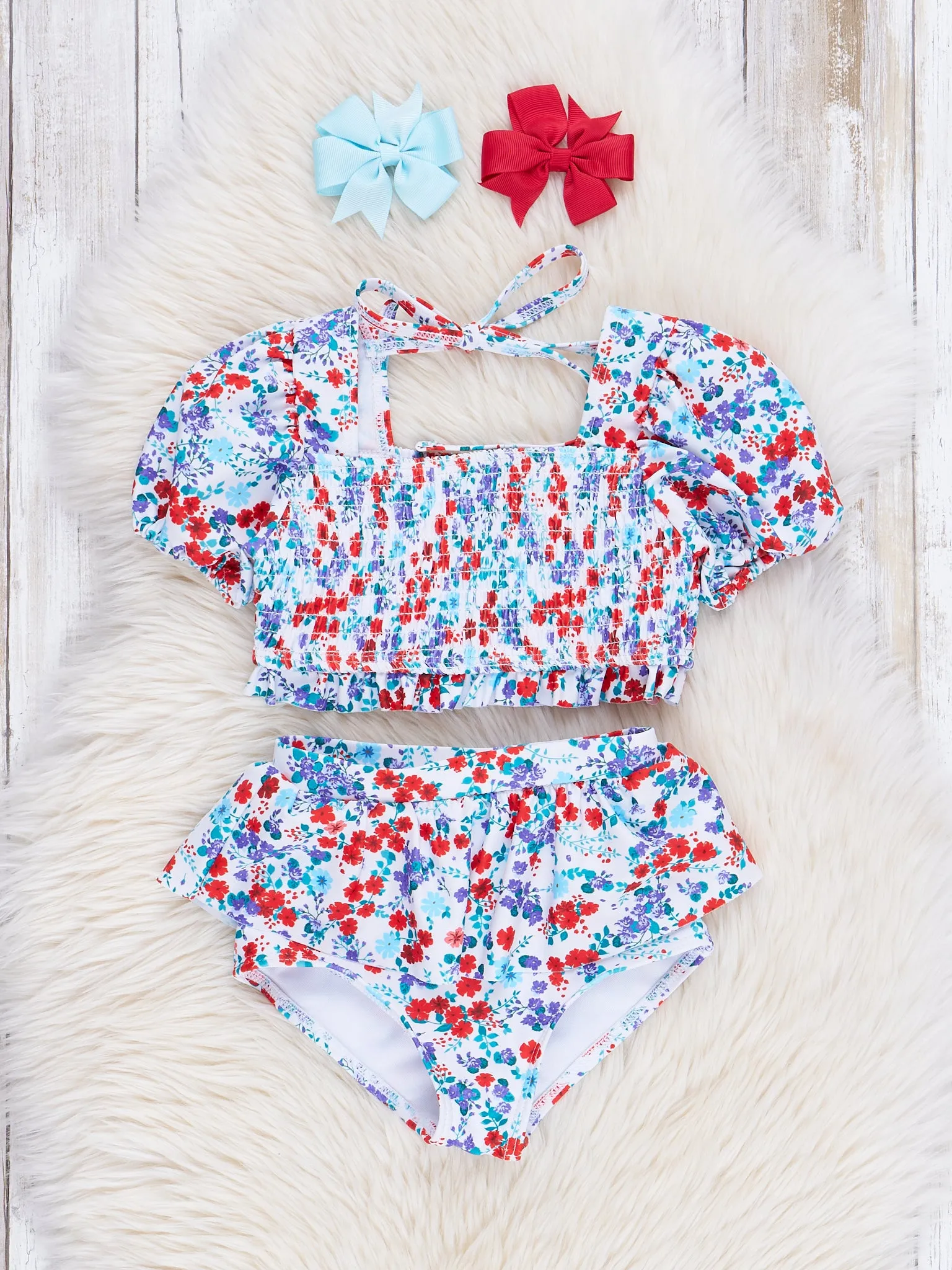 Red & Blue Floral Puff Sleeve Ruffle Swimsuit