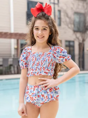 Red & Blue Floral Puff Sleeve Ruffle Swimsuit