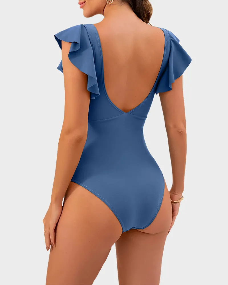 Ruffled Sleeve Cut-Out Ruched One-Piece Swimsuit