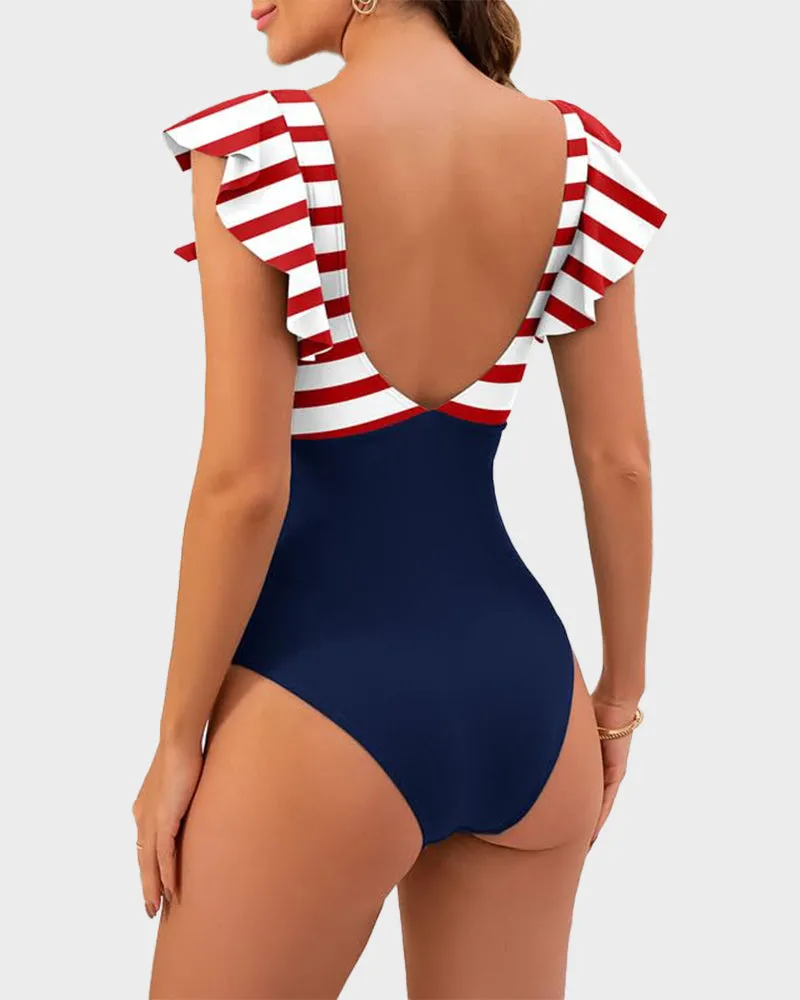 Ruffled Sleeve Cut-Out Ruched One-Piece Swimsuit