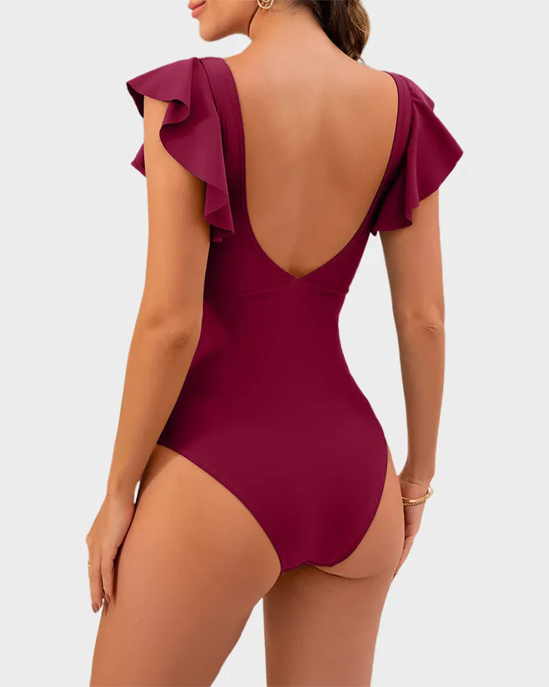 Ruffled Sleeve Cut-Out Ruched One-Piece Swimsuit