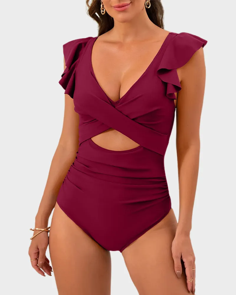 Ruffled Sleeve Cut-Out Ruched One-Piece Swimsuit
