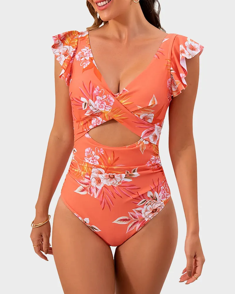 Ruffled Sleeve Cut-Out Ruched One-Piece Swimsuit