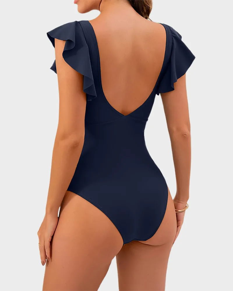 Ruffled Sleeve Cut-Out Ruched One-Piece Swimsuit