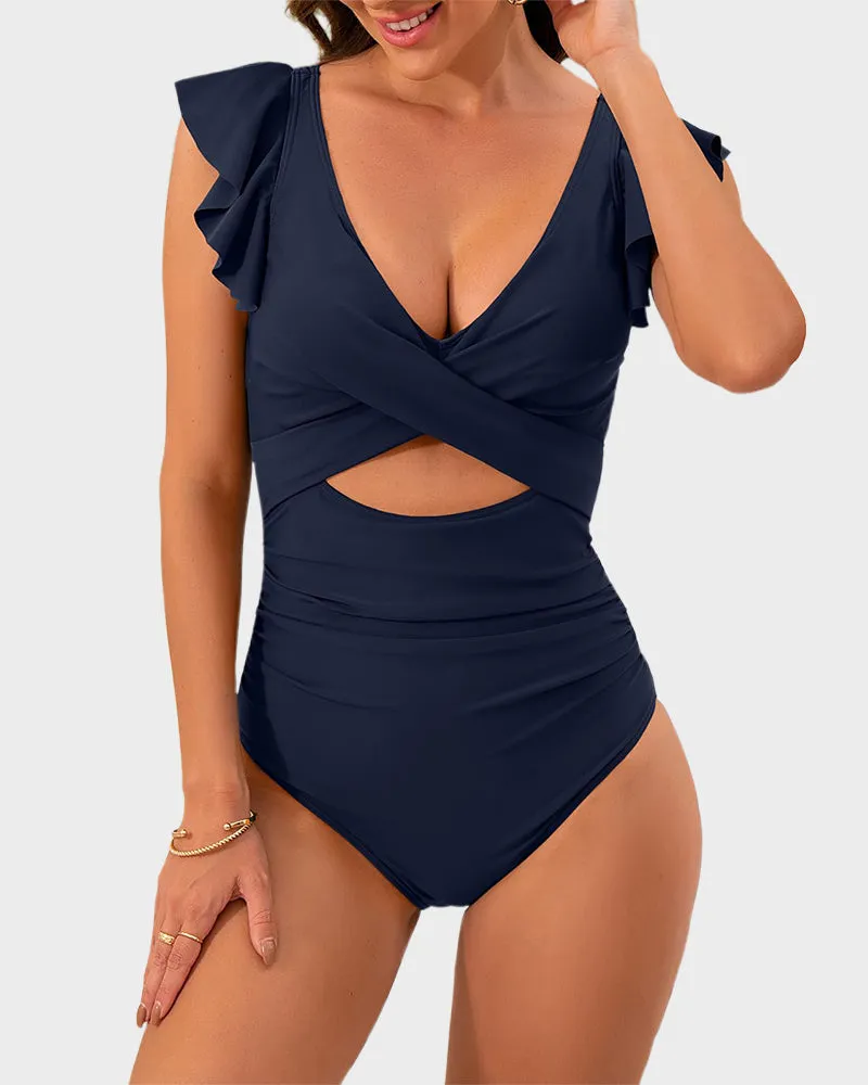 Ruffled Sleeve Cut-Out Ruched One-Piece Swimsuit