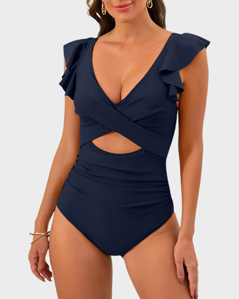 Ruffled Sleeve Cut-Out Ruched One-Piece Swimsuit
