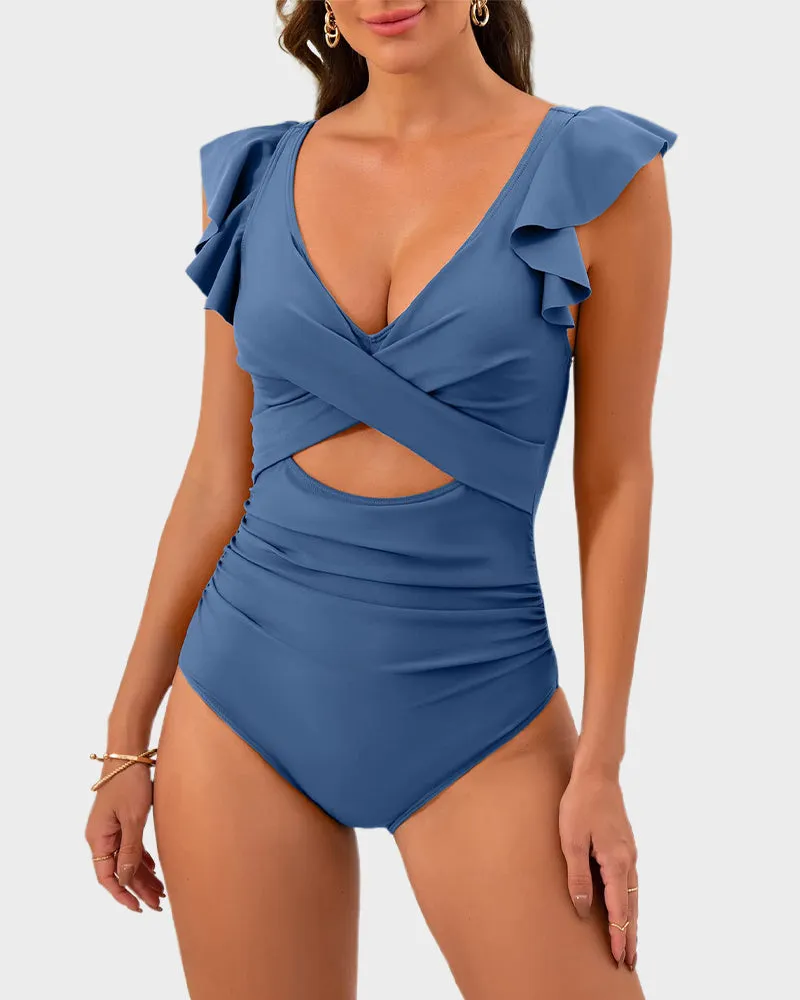 Ruffled Sleeve Cut-Out Ruched One-Piece Swimsuit