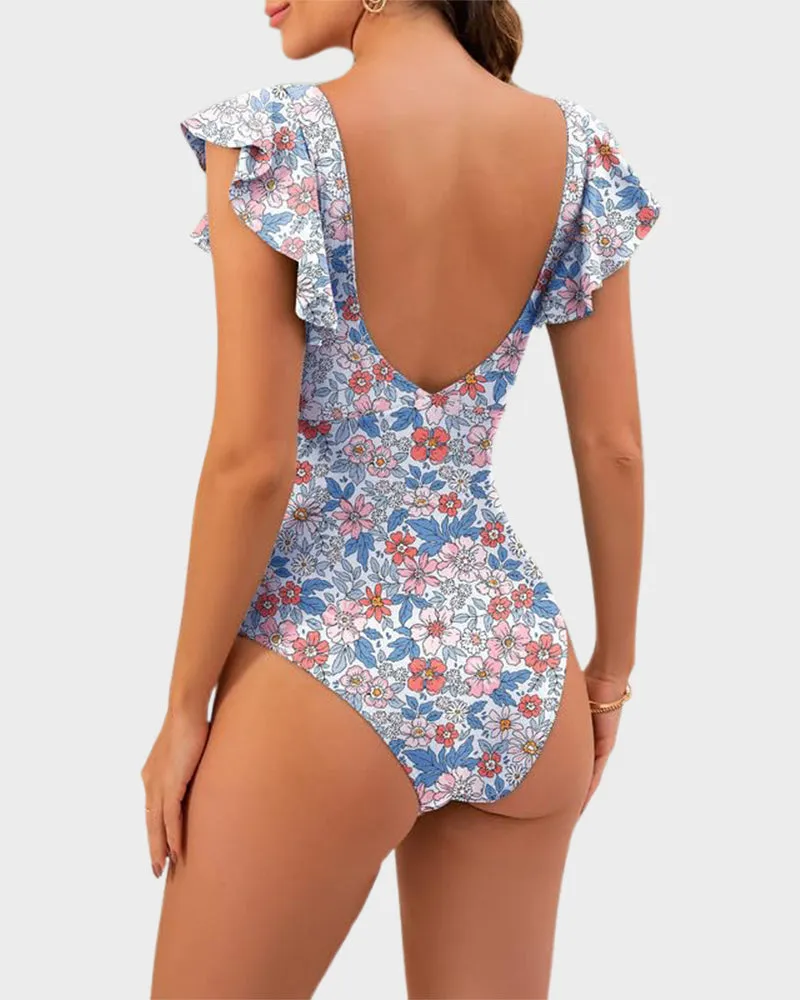 Ruffled Sleeve Cut-Out Ruched One-Piece Swimsuit