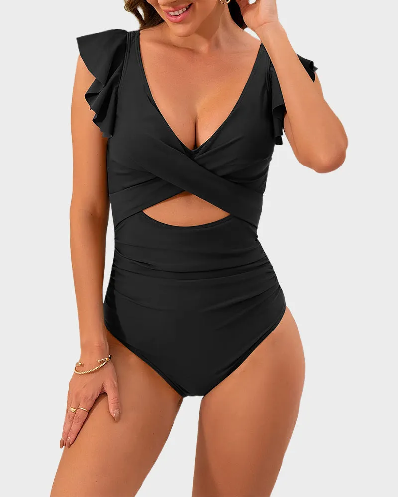 Ruffled Sleeve Cut-Out Ruched One-Piece Swimsuit
