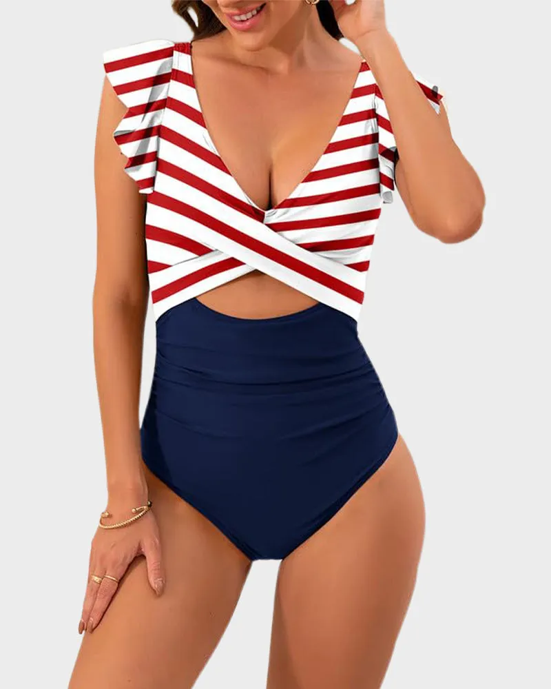 Ruffled Sleeve Cut-Out Ruched One-Piece Swimsuit