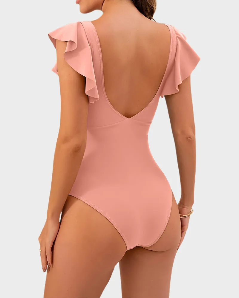 Ruffled Sleeve Cut-Out Ruched One-Piece Swimsuit