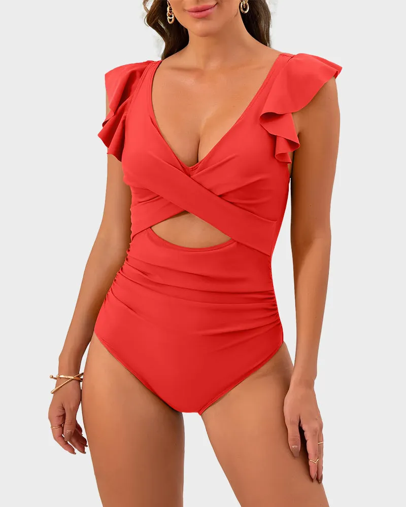 Ruffled Sleeve Cut-Out Ruched One-Piece Swimsuit