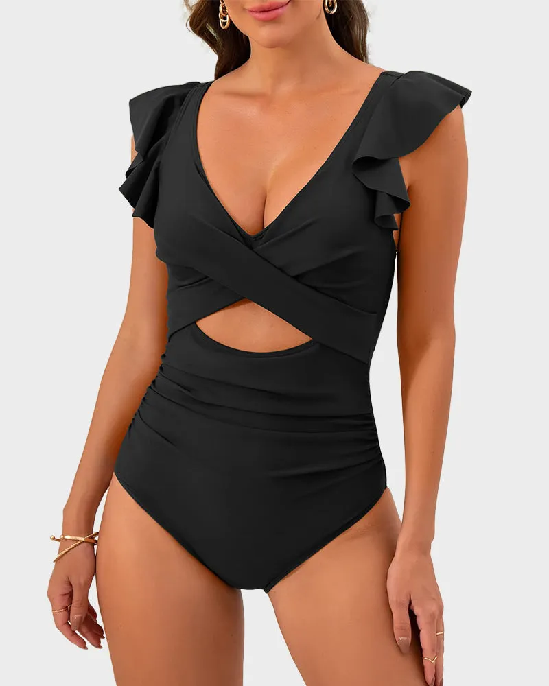 Ruffled Sleeve Cut-Out Ruched One-Piece Swimsuit