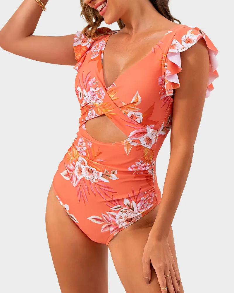 Ruffled Sleeve Cut-Out Ruched One-Piece Swimsuit