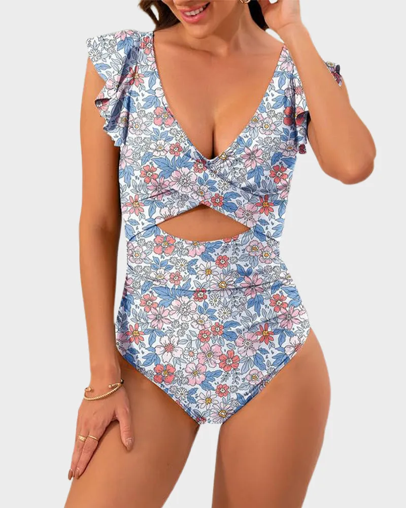 Ruffled Sleeve Cut-Out Ruched One-Piece Swimsuit