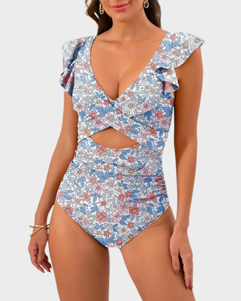 Ruffled Sleeve Cut-Out Ruched One-Piece Swimsuit
