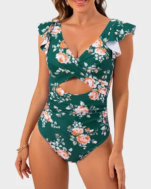 Ruffled Sleeve Cut-Out Ruched One-Piece Swimsuit