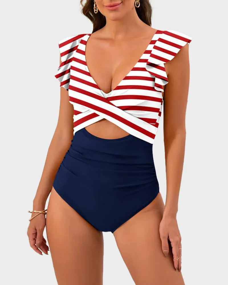 Ruffled Sleeve Cut-Out Ruched One-Piece Swimsuit
