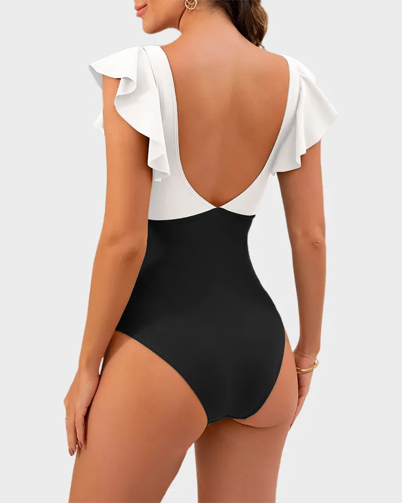 Ruffled Sleeve Cut-Out Ruched One-Piece Swimsuit