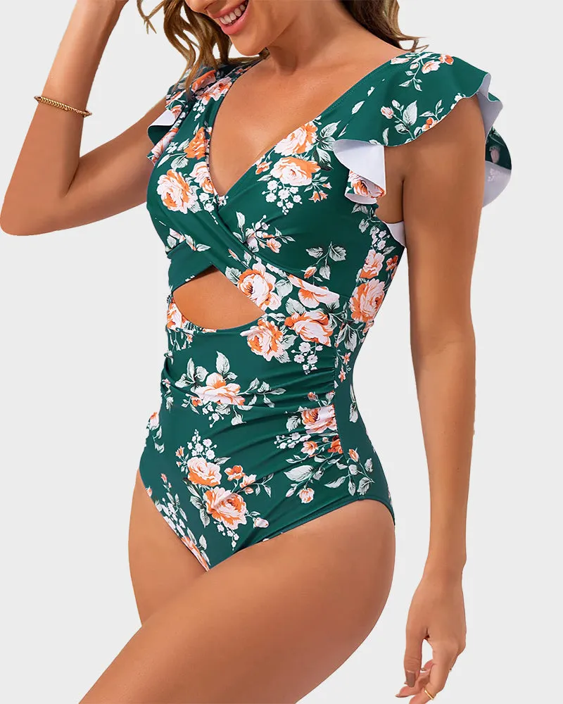 Ruffled Sleeve Cut-Out Ruched One-Piece Swimsuit
