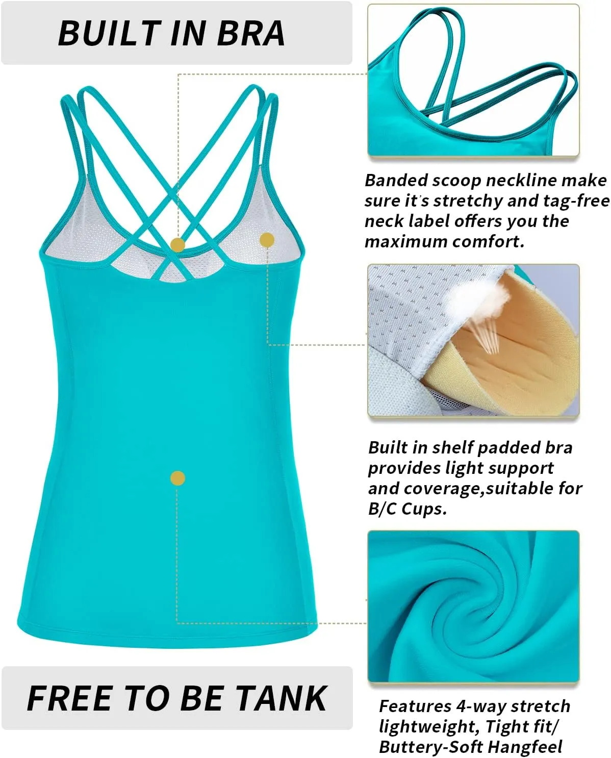 RUNNING GIRL Yoga Tank Tops for Women Built in Shelf Bra B/C Cups Strappy Back Activewear Workout Compression Tops